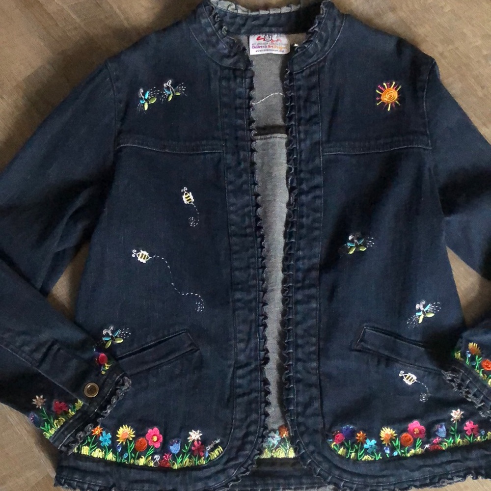 Children’s Art Project Spring Denim Ruffle Trim Floral Embroidered Jacket Large